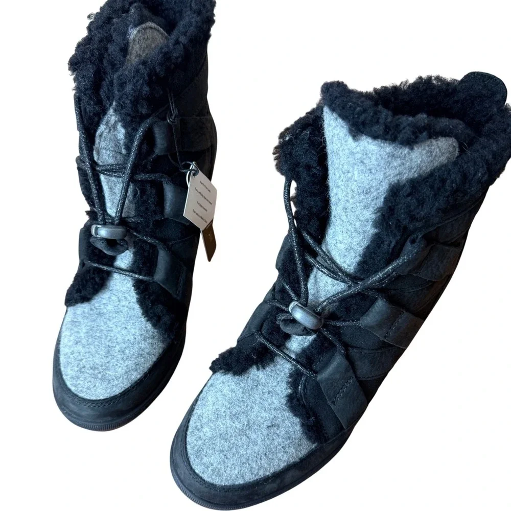 Sorel Joan of Arctic Wedge II Cozy Black Grey Shearling Wedge Boots Womens 8 NEW